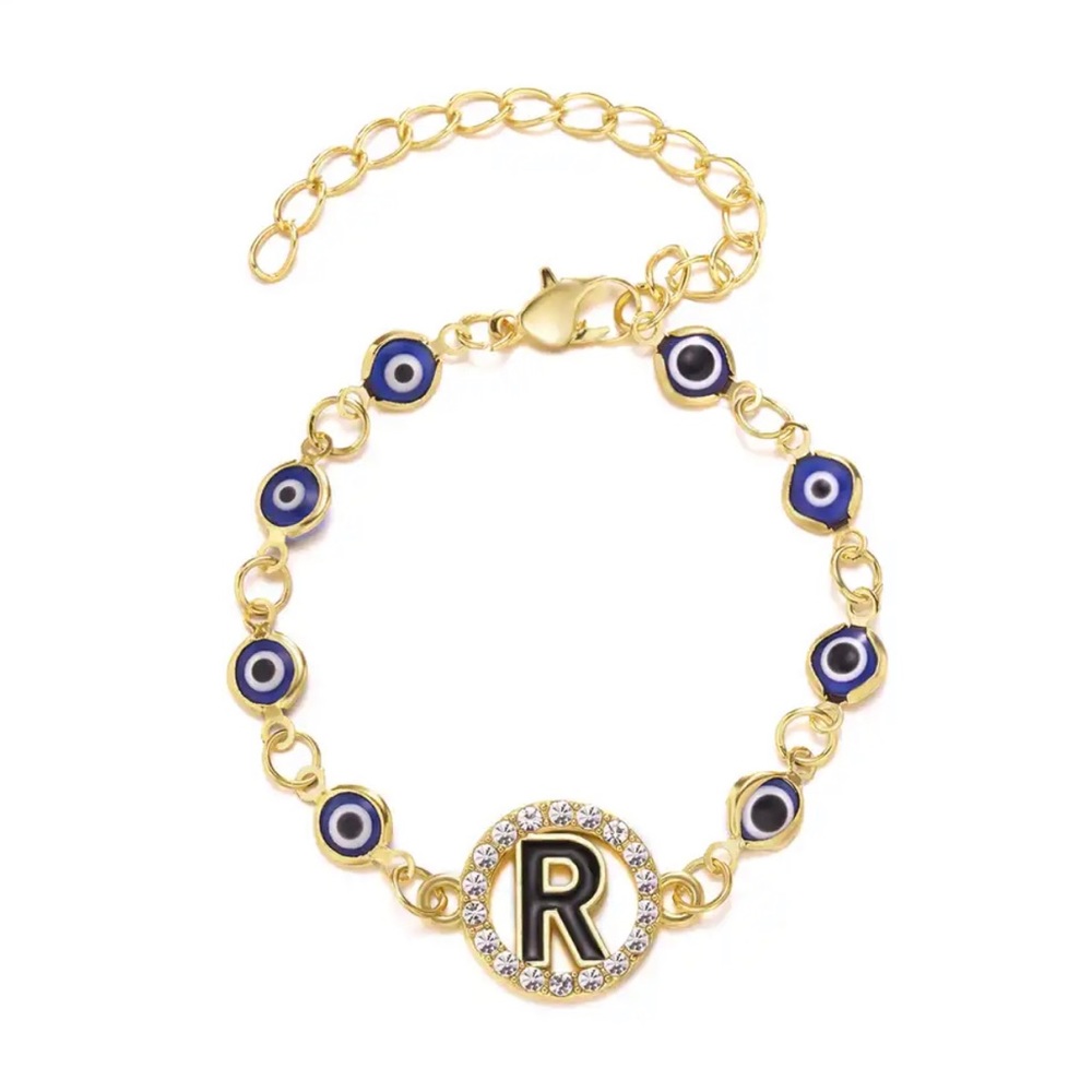 New, Turkish Lucky Evil Eye 🧿 Bracelet Gold Bangle Rhinestone Letter A or R